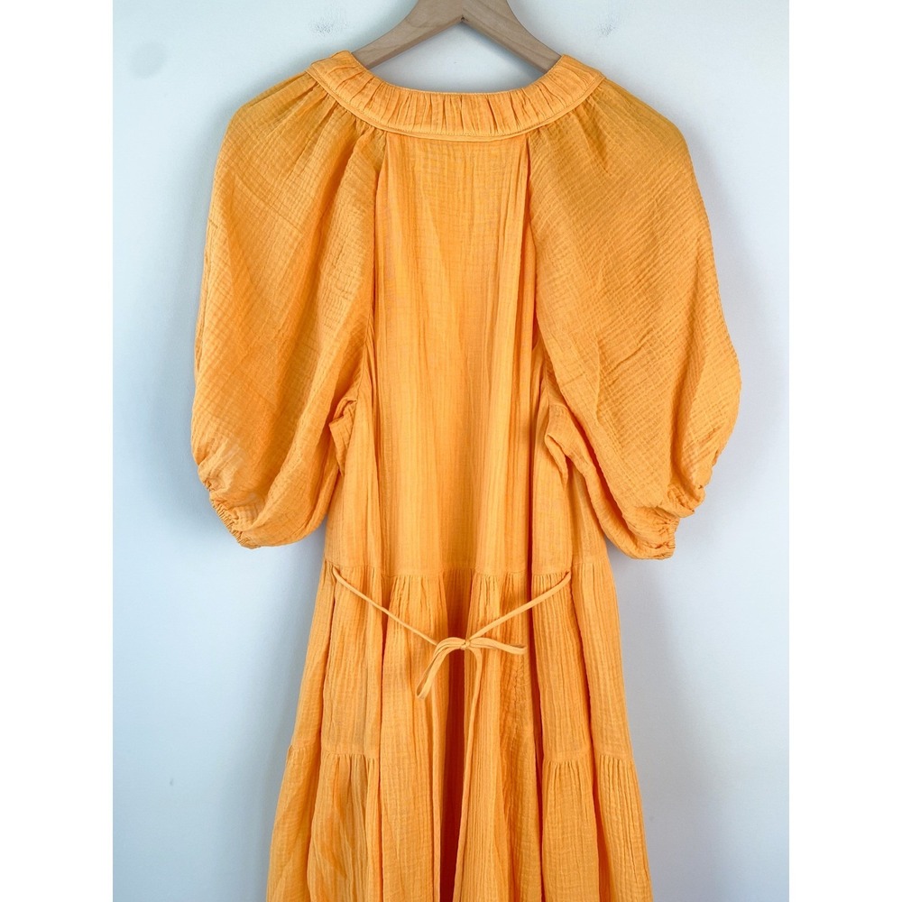 Draper James Chloe V Neck Midi Dress S Orange Crinkle Cotton Tiered Puff Sleeve - Picture 7 of 12